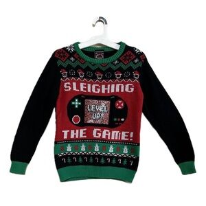 Festive Gaming “Level Up!” Sweater - Red & Green (Size M Kids)